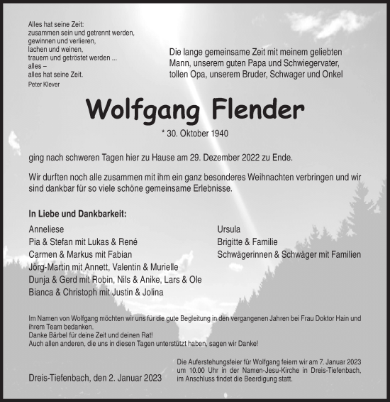 Traueranzeige von Wolfgang Flender von Siegener Zeitung