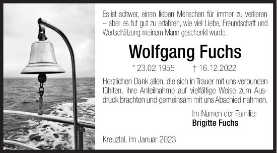 Traueranzeige von Wolfgang Fuchs von Siegener Zeitung