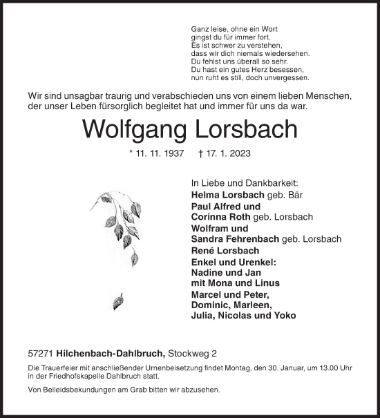 Traueranzeige von Wolfgang Lorsbach von Siegener Zeitung