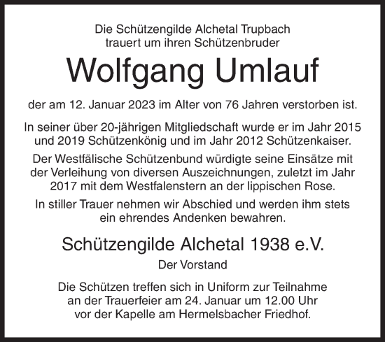 Traueranzeige von Wolfgang Umlauf von Siegener Zeitung