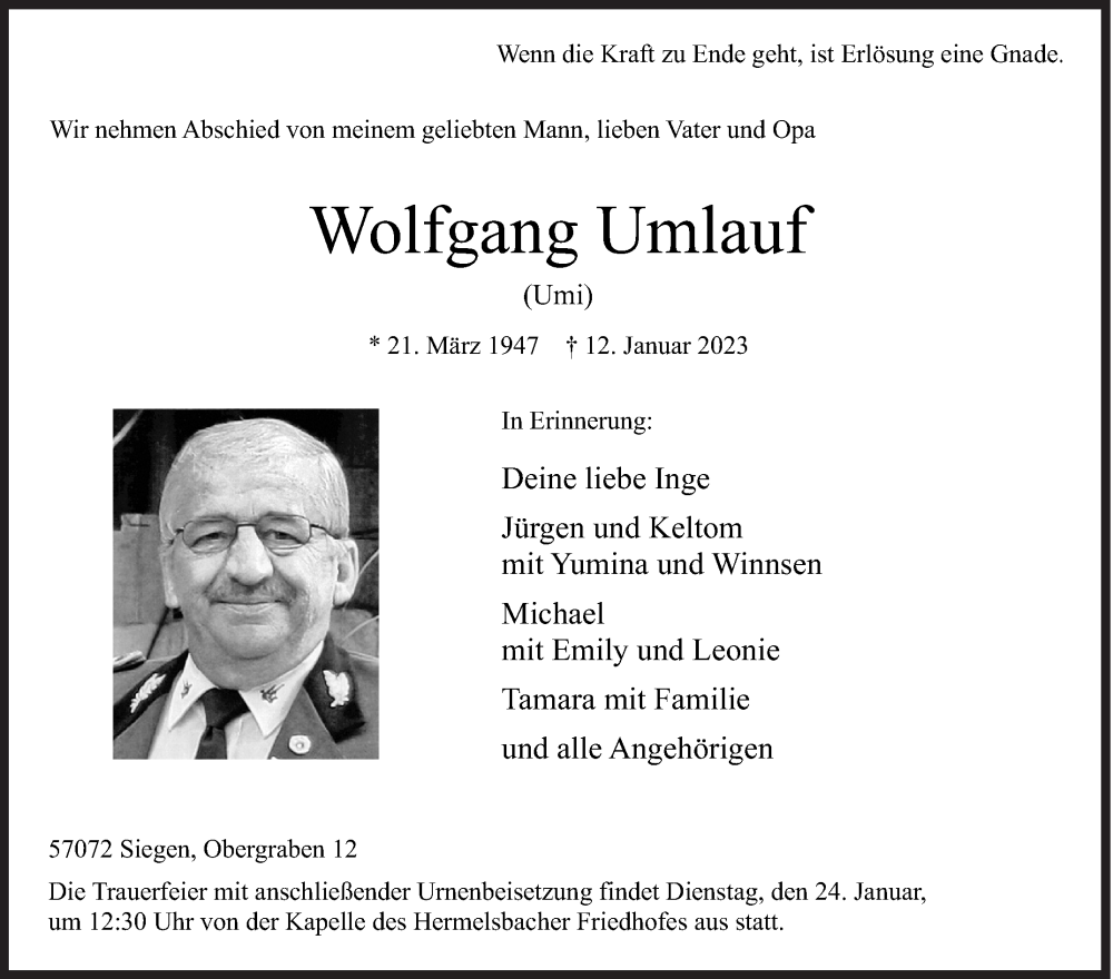  Traueranzeige für Wolfgang Umlauf vom 18.01.2023 aus Siegener Zeitung