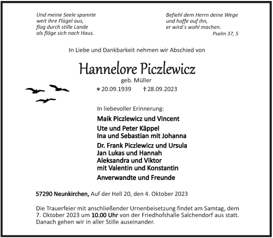 Traueranzeige von Hannelore Piczlewicz von Siegener Zeitung