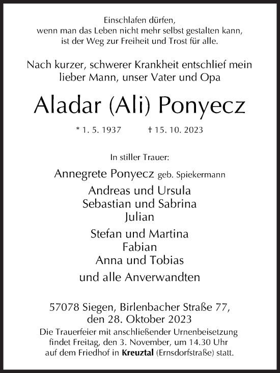 Traueranzeige von Aladar Ponyecz von Siegener Zeitung