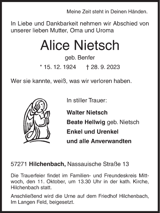 Traueranzeige von Alice Nietsch von Siegener Zeitung