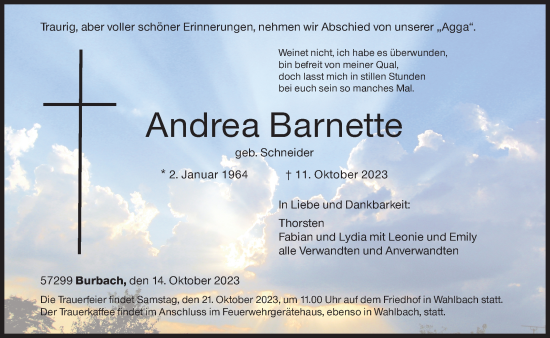 Traueranzeige von Andrea Barnette von Siegener Zeitung