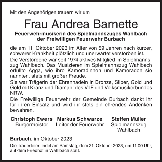 Traueranzeige von Andrea Barnette von Siegener Zeitung
