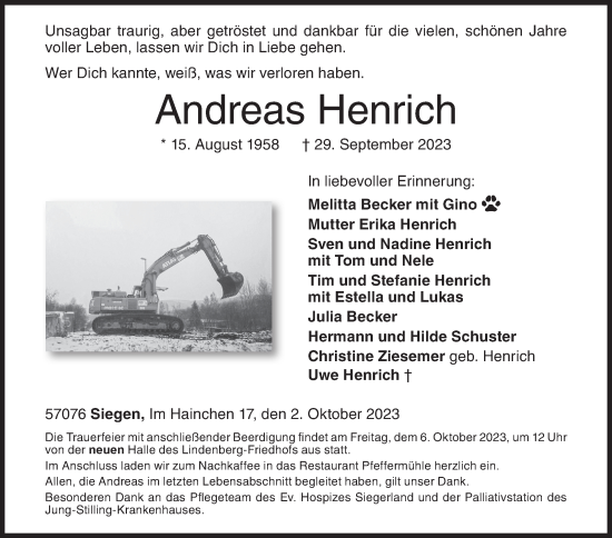 Traueranzeige von Andreas Henrich von Siegener Zeitung