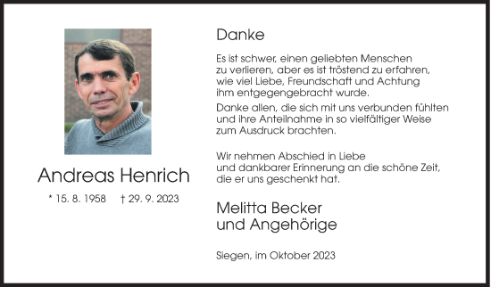 Traueranzeige von Andreas Henrich von Siegener Zeitung