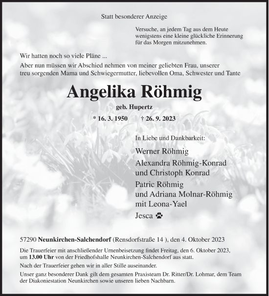 Traueranzeige von Angelika Röhmig von Siegener Zeitung