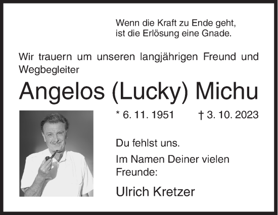 Traueranzeige von Angelos Michu von Siegener Zeitung
