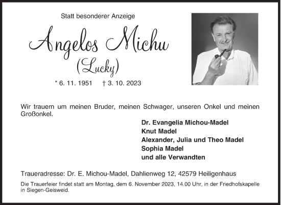 Traueranzeige von Angelos Michu von Siegener Zeitung
