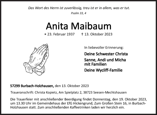 Traueranzeige von Anita Maibaum von Siegener Zeitung