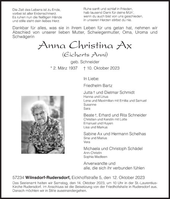 Traueranzeige von Anna Ax von Siegener Zeitung