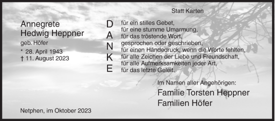 Traueranzeige von Annegrete Hedwig Heppner von Siegener Zeitung