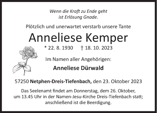 Traueranzeige von Anneliese Kemper von Siegener Zeitung
