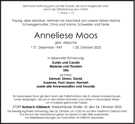 Traueranzeige von Anneliese Moos von Siegener Zeitung