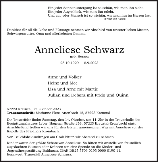 Traueranzeige von Anneliese Schwarz von Siegener Zeitung