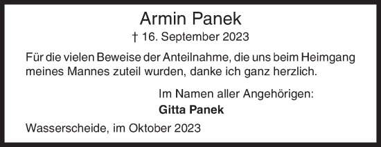 Traueranzeige von Armin Panek von Siegener Zeitung