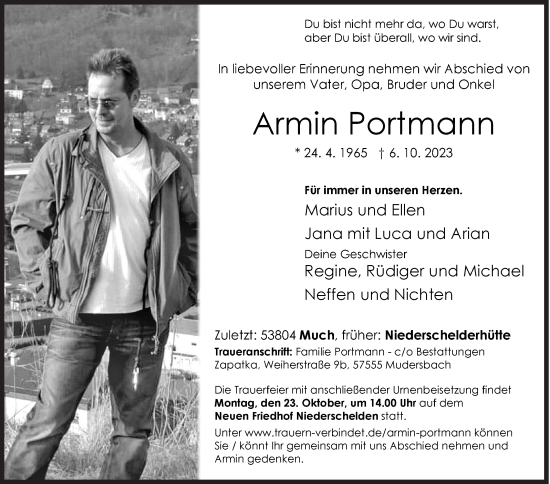 Traueranzeige von Armin Portmann von Siegener Zeitung
