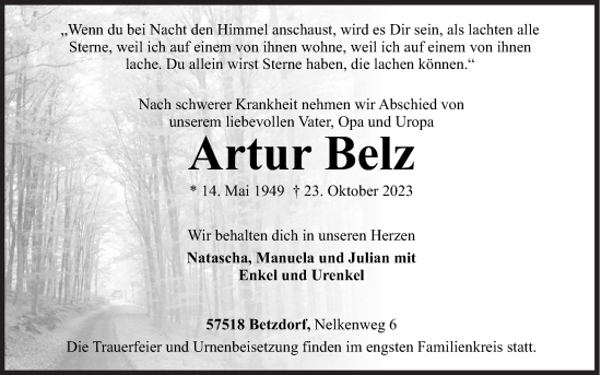 Traueranzeige von Artur Belz von Siegener Zeitung