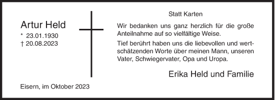 Traueranzeige von Artur Held von Siegener Zeitung