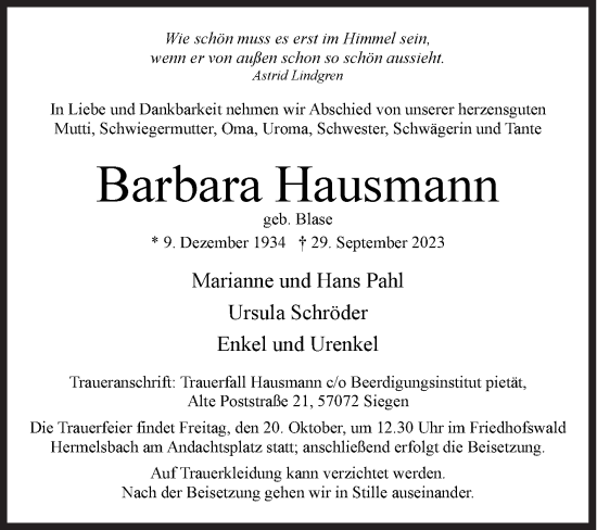 Traueranzeige von Barbara Hausmann von Siegener Zeitung