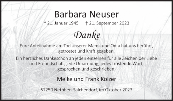 Traueranzeige von Barbara Neuser von Siegener Zeitung