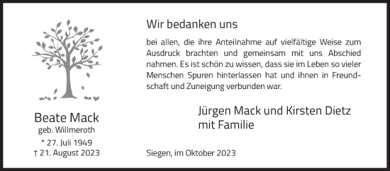 Traueranzeige von Beate Mack von Siegener Zeitung