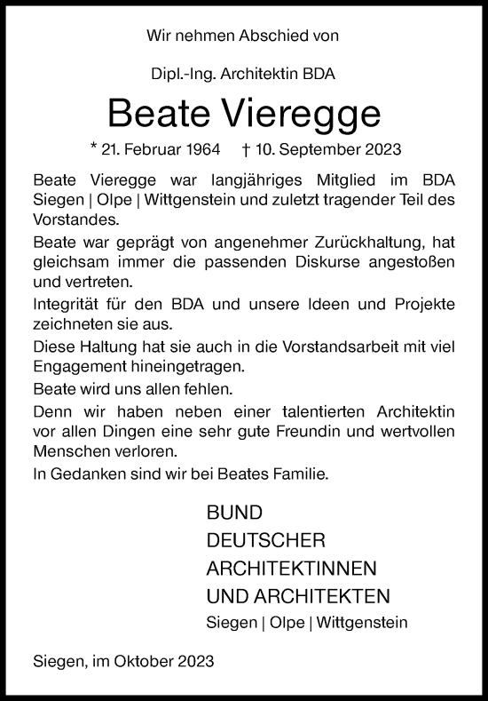 Traueranzeige von Beate Vieregge von Siegener Zeitung