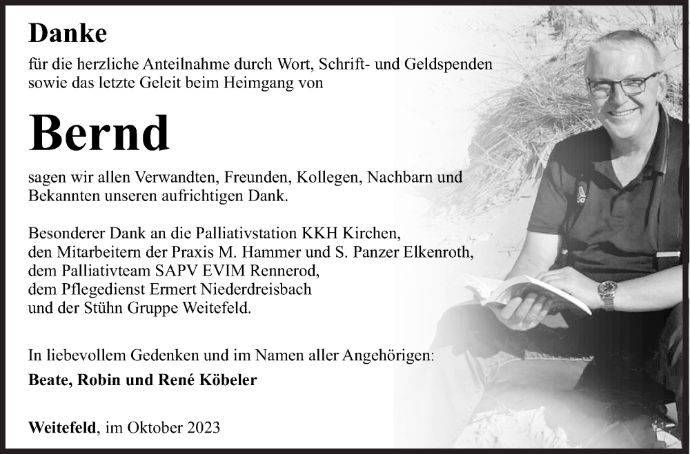  Traueranzeige für Bernd Köbeler vom 21.10.2023 aus Siegener Zeitung