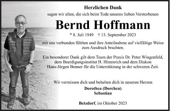 Traueranzeige von Bernd Hoffmann von Siegener Zeitung