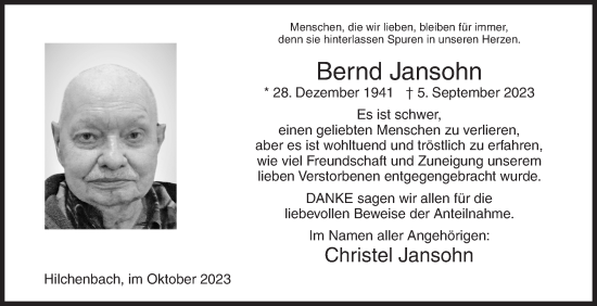 Traueranzeige von Bernd Jansohn von Siegener Zeitung