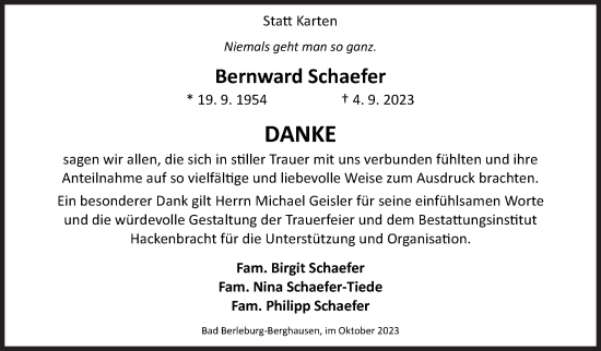 Traueranzeige von Bernward Schaefer von Siegener Zeitung