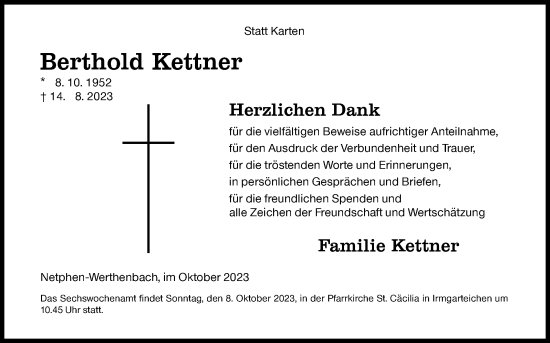 Traueranzeige von Berthold Kettner von Siegener Zeitung