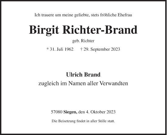 Traueranzeige von Birgit Richter-Brand von Siegener Zeitung