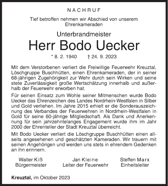 Traueranzeige von Bodo Uecker von Siegener Zeitung