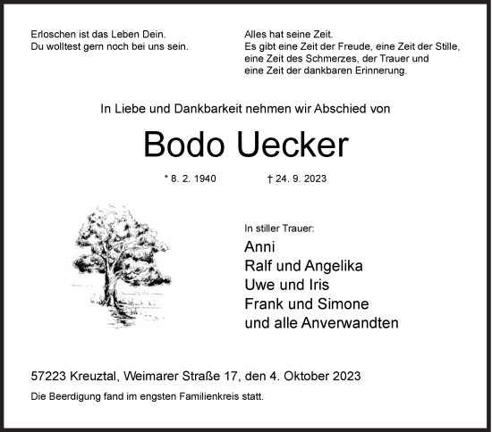 Traueranzeige von Bodo Uecker von Siegener Zeitung