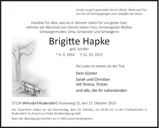 Traueranzeige von Brigitte Hapke von Siegener Zeitung