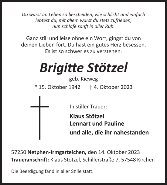 Traueranzeige von Brigitte Stötzel von Siegener Zeitung