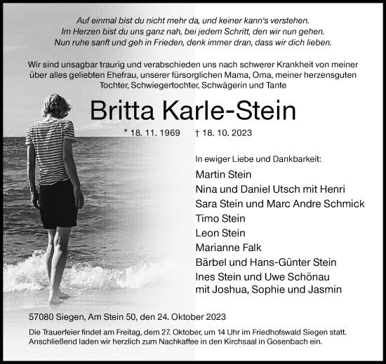 Traueranzeige von Britta Karle-Stein von Siegener Zeitung