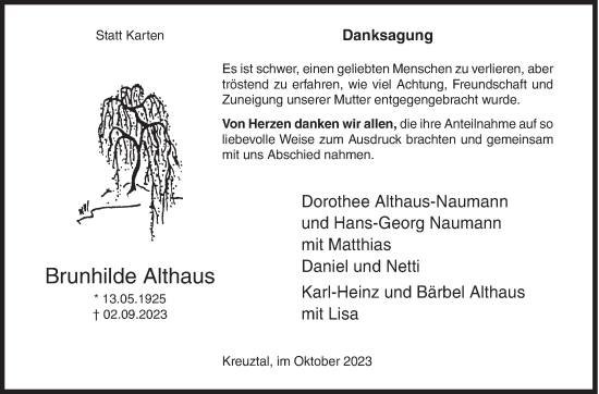 Traueranzeige von Brunhilde Althaus von Siegener Zeitung
