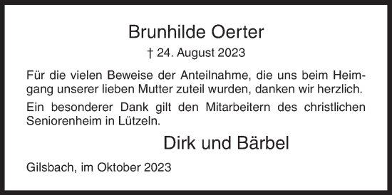 Traueranzeige von Brunhilde Oerter von Siegener Zeitung