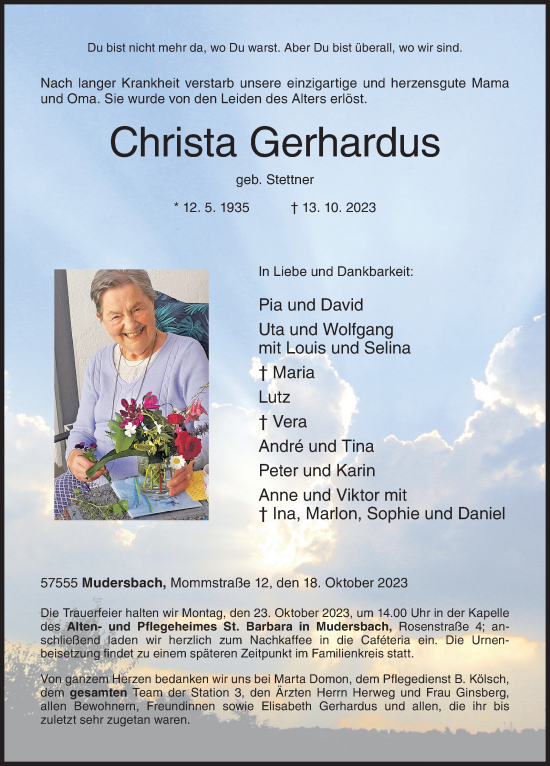 Traueranzeige von Christa Gerhardus von Siegener Zeitung