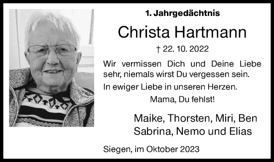 Traueranzeige von Christa Hartmann von Siegener Zeitung