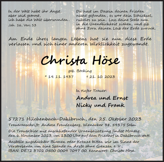 Traueranzeige von Christa Höse von Siegener Zeitung
