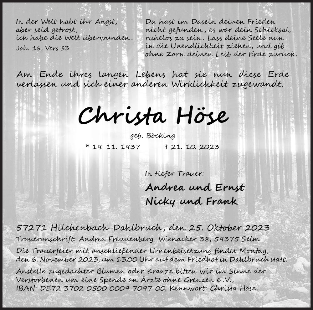  Traueranzeige für Christa Höse vom 25.10.2023 aus Siegener Zeitung