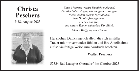 Traueranzeige von Christa Peschers von Siegener Zeitung