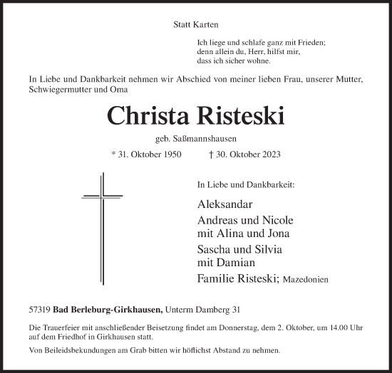 Traueranzeige von Christa Risteski von Siegener Zeitung
