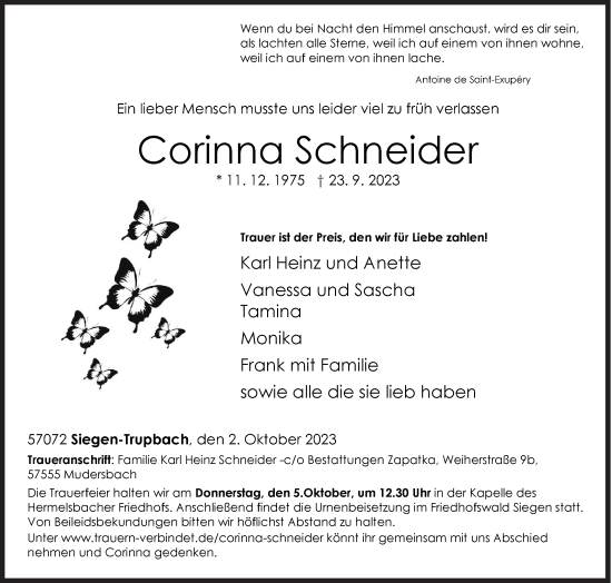 Traueranzeige von Corinna Schneider von Siegener Zeitung