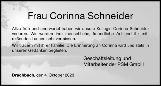 Traueranzeige von Corinna Schneider von Siegener Zeitung